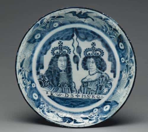 Delft pottery plate with William III and Mary II