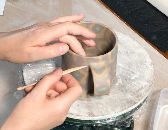 Adding the handle to the Nerikomi mug