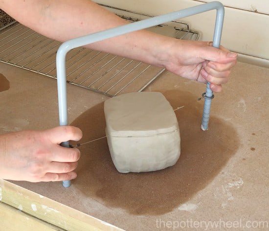 slicing clay with a bow harp