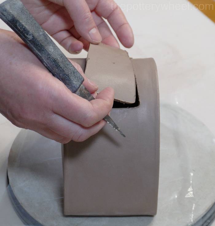 cutting a hole in the top of the slab pottery teapot