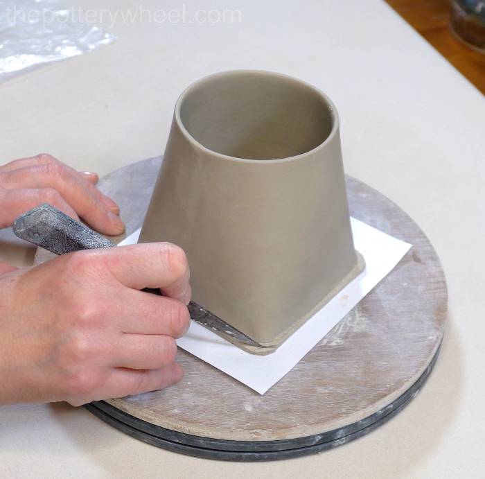 trimming the base of the square bottomed slab mug