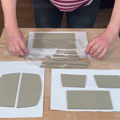 Clay slabs on pottery drying board
